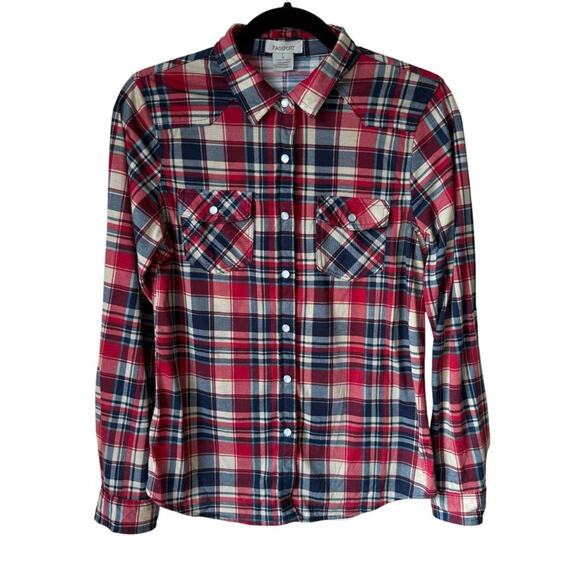 Passports women’s plaid button up with pearl snaps size medium lightweight - Picture 1 of 5